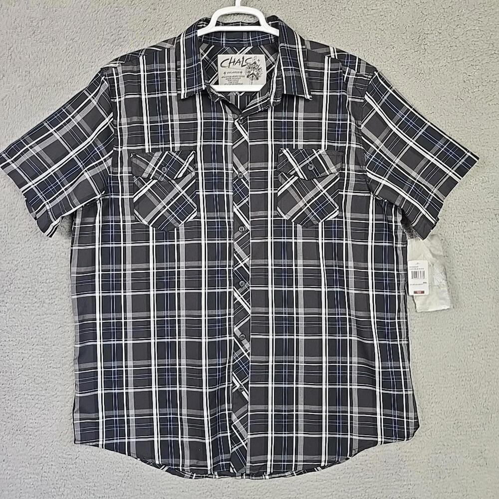 Chalc Button Down Shirt Mens Size XXL Dark/Blue Plaid Short Sleeve Cowboy Wester